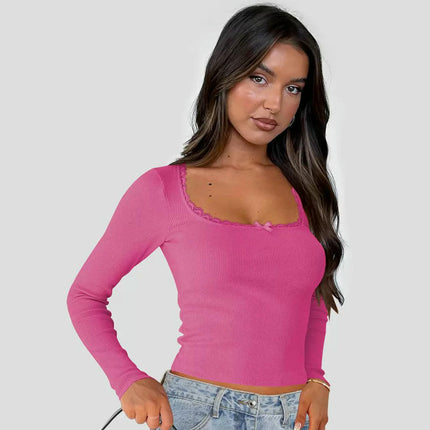 Women Long Sleeve Crop Tops Lace Trim Scoop Neck Fitted Going Out T Shirt