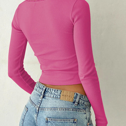 Women Long Sleeve Crop Tops Lace Trim Scoop Neck Fitted Going Out T Shirt