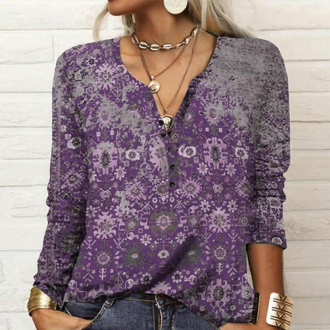 Womens Long Sleeve Tops Button Down Henley V Neck Shirts Casual Floral Blouses