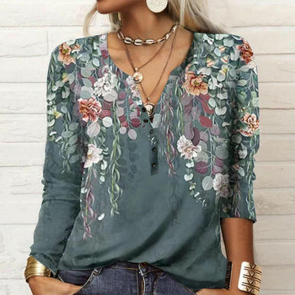 Womens Long Sleeve Tops Button Down Henley V Neck Shirts Casual Floral Blouses