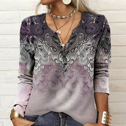 Womens Long Sleeve Tops Button Down Henley V Neck Shirts Casual Floral Blouses