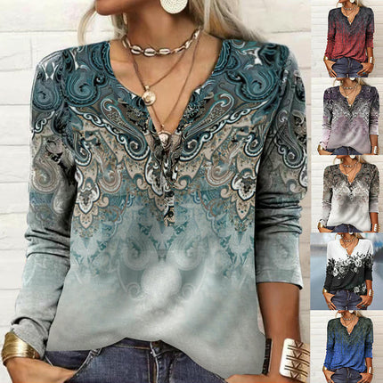 Womens Long Sleeve Tops Button Down Henley V Neck Shirts Casual Floral Blouses