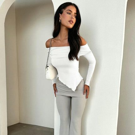 Womens Off Shoulder Crop Tops Slim Fit Long Sleeves Asymmetrical Going Out Shirt