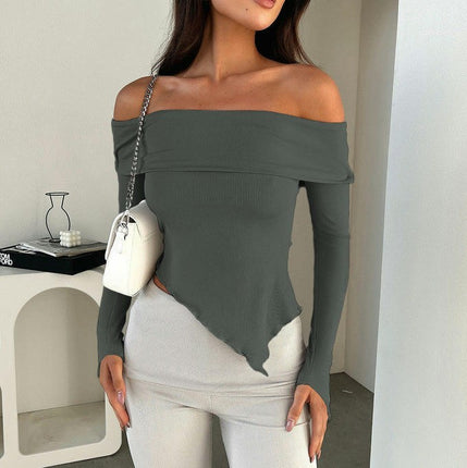 Womens Off Shoulder Crop Tops Slim Fit Long Sleeves Asymmetrical Going Out Shirt