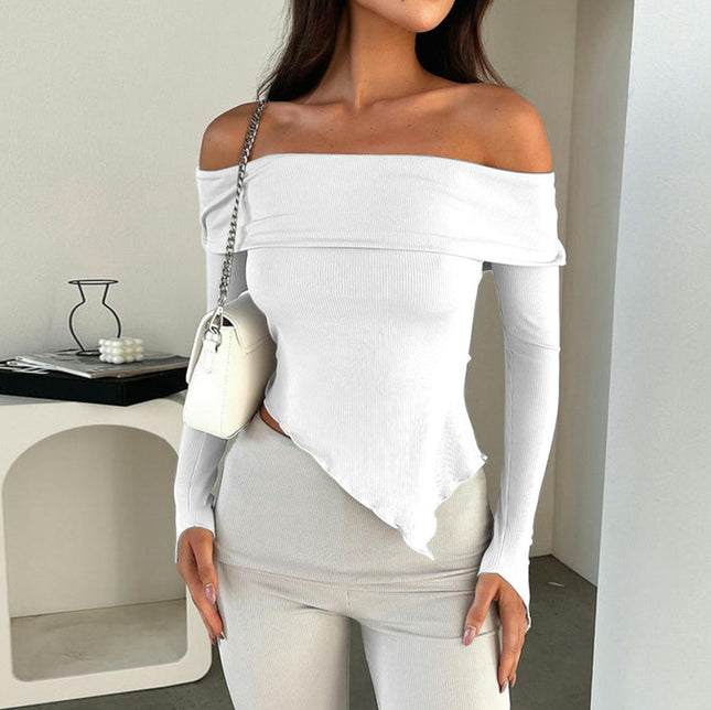Womens Off Shoulder Crop Tops Slim Fit Long Sleeves Asymmetrical Going Out Shirt