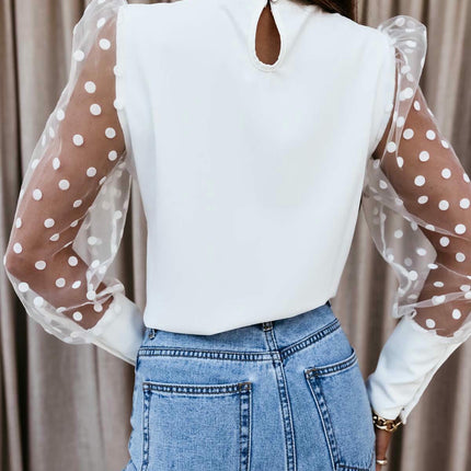 Womens Mesh Puff Long Sleeve Shirts Mock Neck Casual Blouses Tops