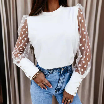 Womens Mesh Puff Long Sleeve Shirts Mock Neck Casual Blouses Tops