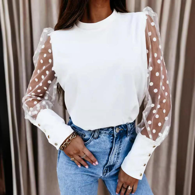 Womens Mesh Puff Long Sleeve Shirts Mock Neck Casual Blouses Tops