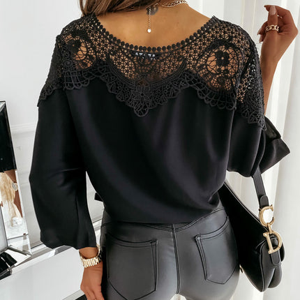 Women's Lace Patchwork Crew Neck batwing Long Sleeve Blouse Top