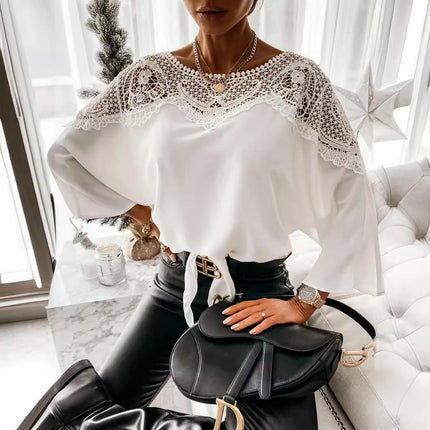 Women's Lace Patchwork Crew Neck batwing Long Sleeve Blouse Top