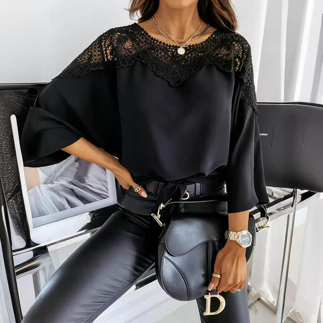 Women's Lace Patchwork Crew Neck batwing Long Sleeve Blouse Top