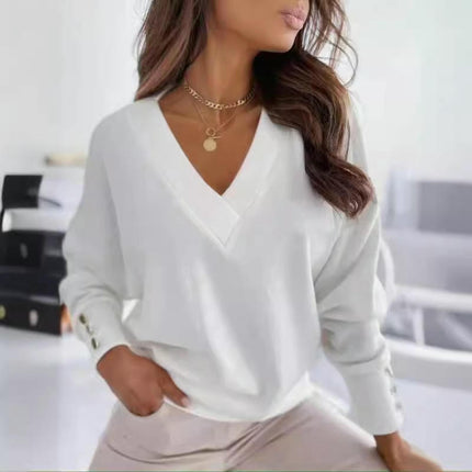 Women's Long Sleeve V Neck T Shirts Casual Loose Solid Color Tops
