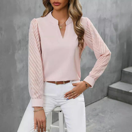 Womens Casual V Neck Blouse Puff Long Sleeve Lightweight Chiffon Loose Tops