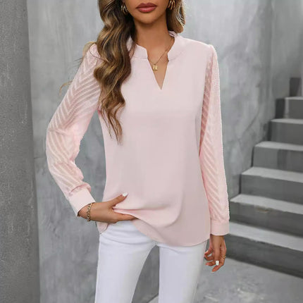 Womens Casual V Neck Blouse Puff Long Sleeve Lightweight Chiffon Loose Tops