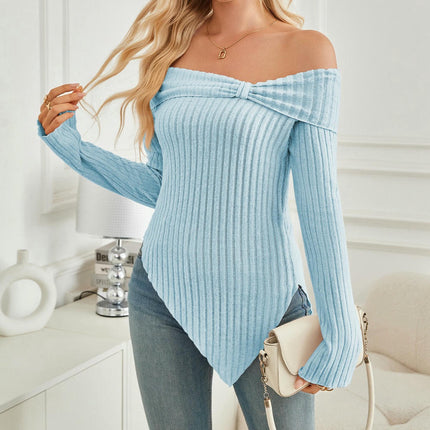 Women's Off Shoulder Long Sleeve Asymmetrical Hem Ribbed T-Shirt Tops