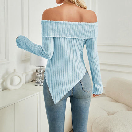 Women's Off Shoulder Long Sleeve Asymmetrical Hem Ribbed T-Shirt Tops