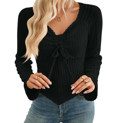 Women Lightweight Knit Sweaters Long Sleeve Drawstring V Neck Tops