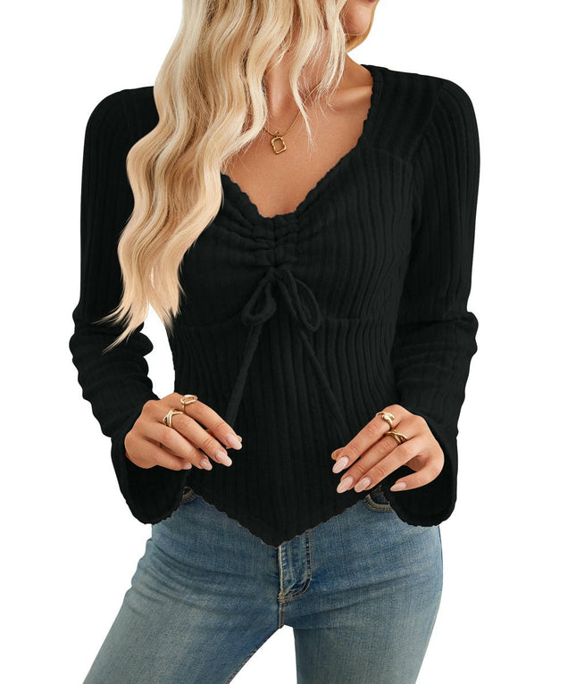 Women Lightweight Knit Sweaters Long Sleeve Drawstring V Neck Tops