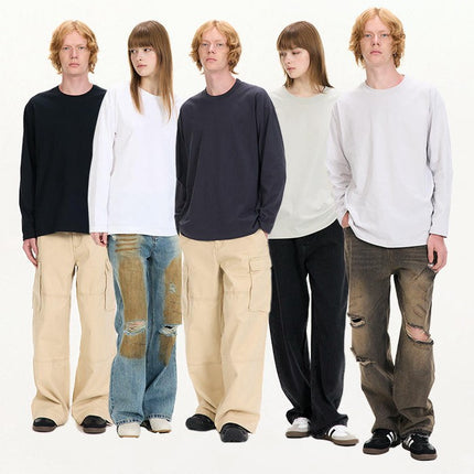 Unisex Adult Cotton Long Sleeve Crew Neck T-Shirt Loose Casual Top