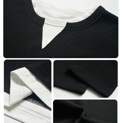 Women's Casual Long Sleeve Waffle T Shirt Crewneck Color Block Loose Tops
