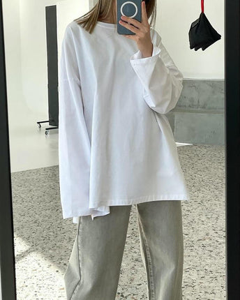 Womens Oversized Long Sleeve T Shirts Crewneck Side Split Casual Tops