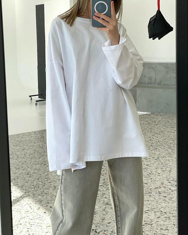 Womens Oversized Long Sleeve T Shirts Crewneck Side Split Casual Tops