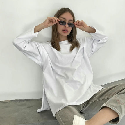 Womens Oversized Long Sleeve T Shirts Crewneck Side Split Casual Tops