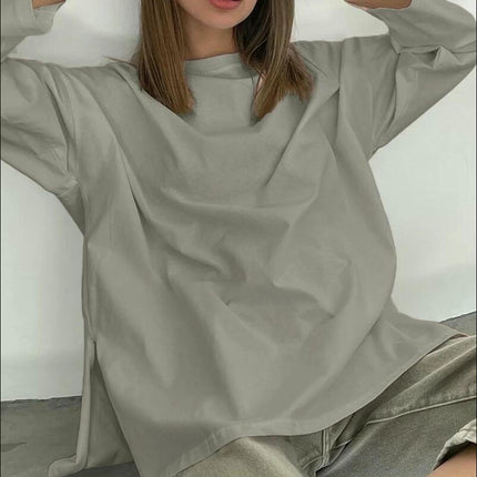 Womens Oversized Long Sleeve T Shirts Crewneck Side Split Casual Tops