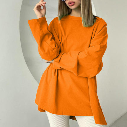Womens Oversized Long Sleeve T Shirts Crewneck Side Split Casual Tops