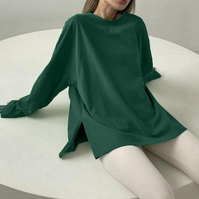 Womens Oversized Long Sleeve T Shirts Crewneck Side Split Casual Tops