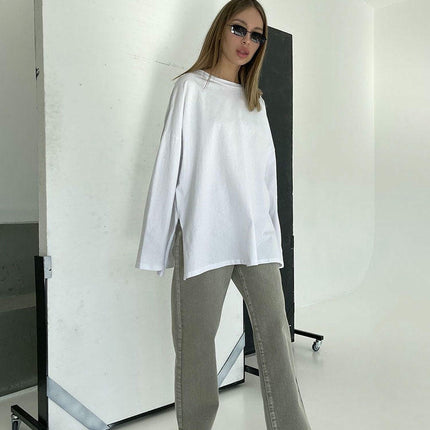 Womens Oversized Long Sleeve T Shirts Crewneck Side Split Casual Tops