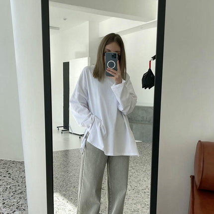 Womens Oversized Long Sleeve T Shirts Crewneck Side Split Casual Tops