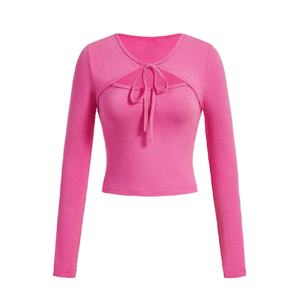 Women's Long Sleeve Tie V Neck T Shirts Casual Cut Out Slim Fitted Going Out Crop Tops