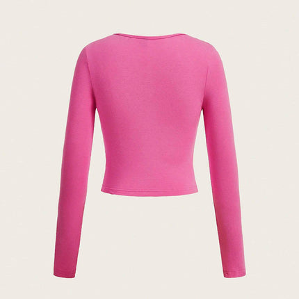 Women's Long Sleeve Tie V Neck T Shirts Casual Cut Out Slim Fitted Going Out Crop Tops