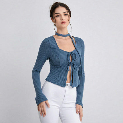 Women's Waffle Tie Front Crop Top Long Sleeve Square Neck Fitted T Shirts
