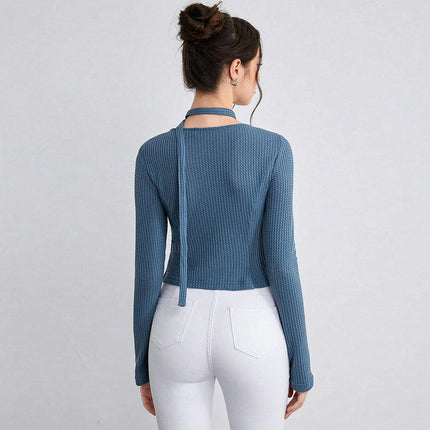 Women's Waffle Tie Front Crop Top Long Sleeve Square Neck Fitted T Shirts