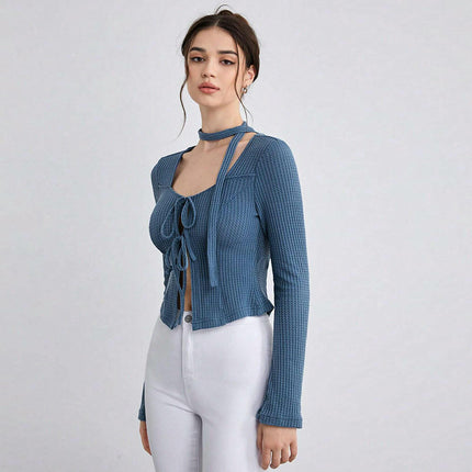 Women's Waffle Tie Front Crop Top Long Sleeve Square Neck Fitted T Shirts