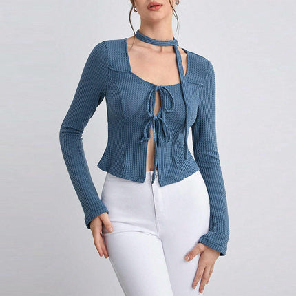 Women's Waffle Tie Front Crop Top Long Sleeve Square Neck Fitted T Shirts