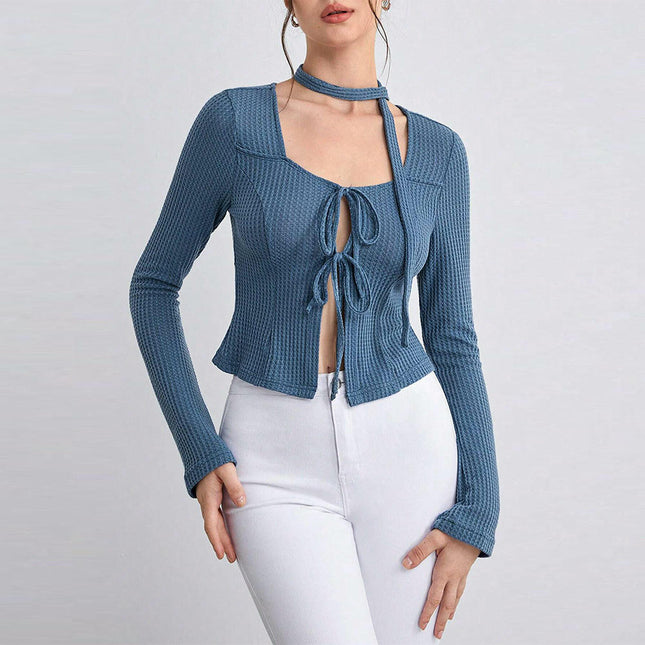 Women's Waffle Tie Front Crop Top Long Sleeve Square Neck Fitted T Shirts