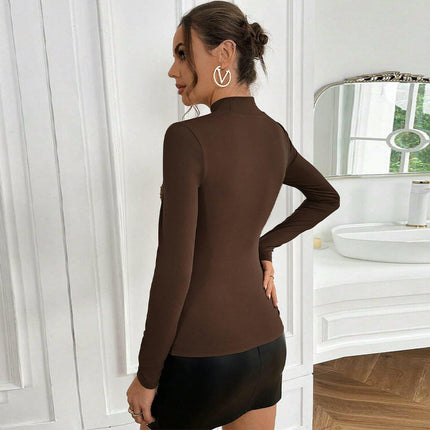 Women's Sexy Ruched Cut Out Top Long Sleeve Mock Neck Slim Fitted T Shirt