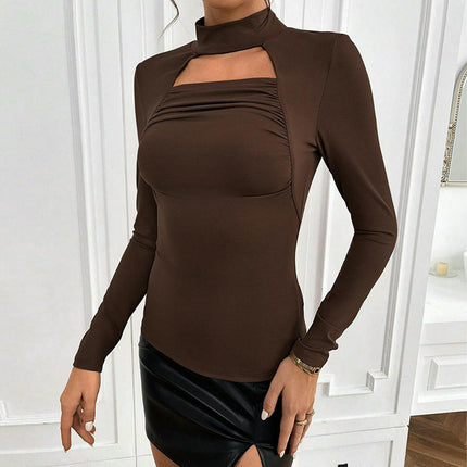 Women's Sexy Ruched Cut Out Top Long Sleeve Mock Neck Slim Fitted T Shirt