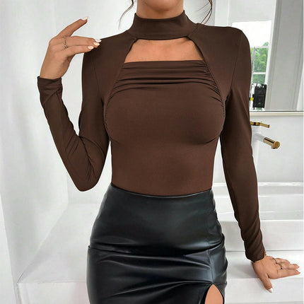 Women's Sexy Ruched Cut Out Top Long Sleeve Mock Neck Slim Fitted T Shirt