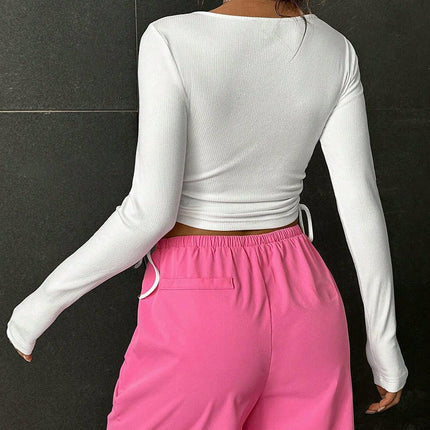 Women's Drawstring V Neck Ruched Crop Top Long Sleeve Slim Fitted T Shirt