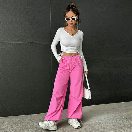 Women's Drawstring V Neck Ruched Crop Top Long Sleeve Slim Fitted T Shirt