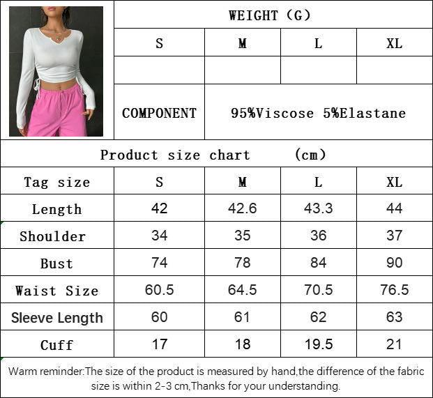 Women's Drawstring V Neck Ruched Crop Top Long Sleeve Slim Fitted T Shirt