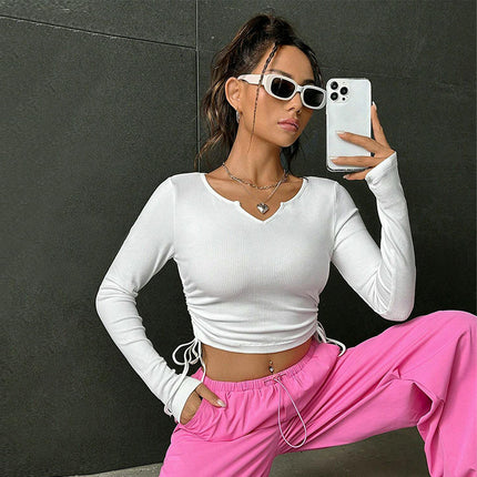 Women's Drawstring V Neck Ruched Crop Top Long Sleeve Slim Fitted T Shirt