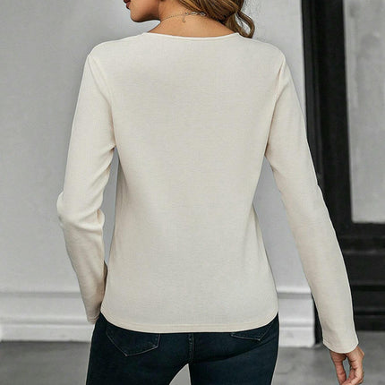 Cut Out Tee Shirt for Women Long Sleeve T-Shirts V Neck Slim Fitted Top