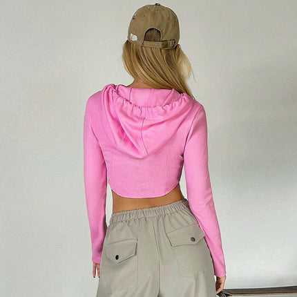 Women's Ribbed Knit Zip Up Drawstring Hoodie Long Sleeve Slim Fit Crop Tops