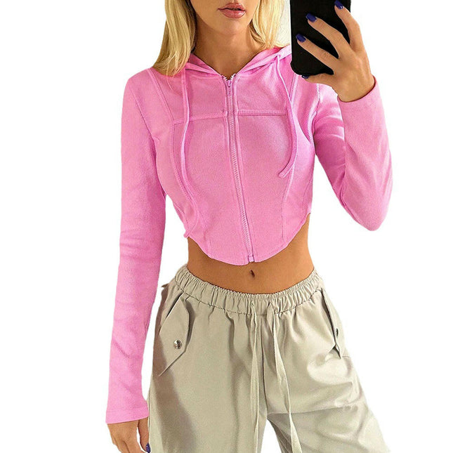 Women's Ribbed Knit Zip Up Drawstring Hoodie Long Sleeve Slim Fit Crop Tops