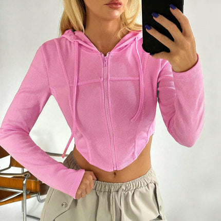 Women's Ribbed Knit Zip Up Drawstring Hoodie Long Sleeve Slim Fit Crop Tops
